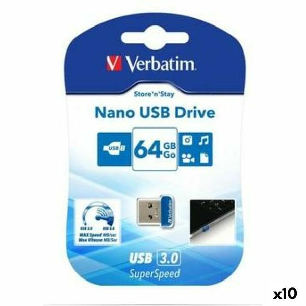 Memória USB Verbatim NANO STORE'N'STAY Azul Preto 64 GB (10 Unidades)