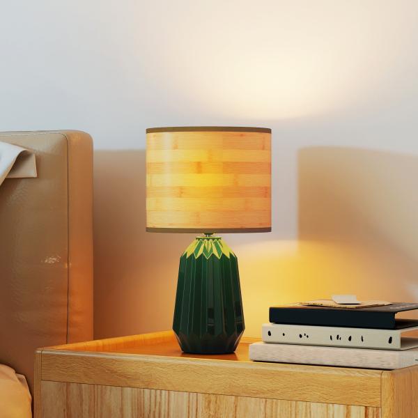 Candeeiro de Mesa com Base de Cerâmica e Ecrã de Linho Estilo Retro com Interruptor E27 40W Verde e Madeira
