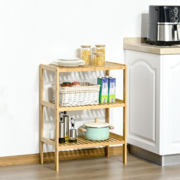 Estante de Bambu de 3 Níveis Móvel Organizador Multifuncional para Casa de Banho Cozinha Sala de Estar 62x33x80cm Natural