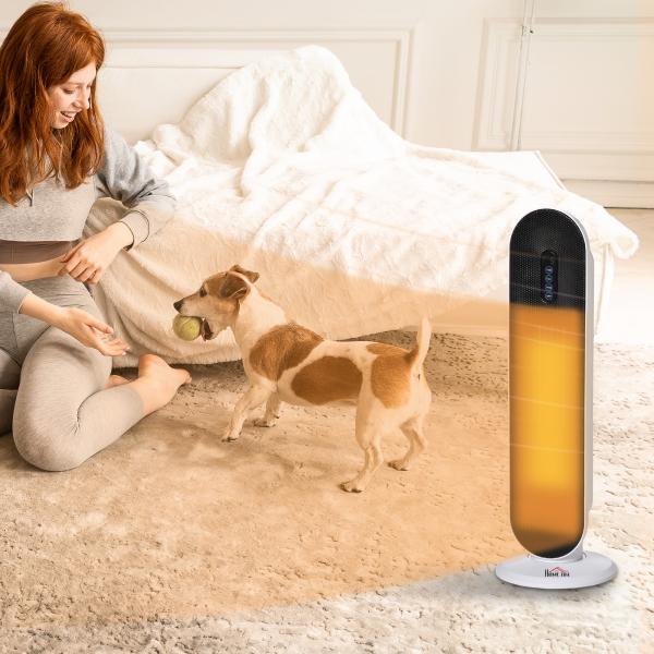 Aquecedor Cerâmico de Torre 1200W/2000W com Controle Remoto Termostato Temporizador de 24h e Sistema Anti - Rolamento para Sala de 20m² 21x21x63,5cm Branco e Preto
