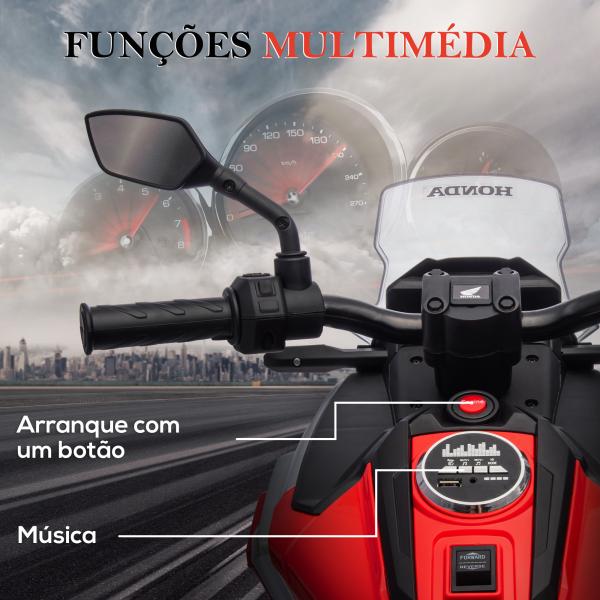 Moto Elétrica para Crianças de 3 - 6 Anos com Licença Honda com USB MP3 Luz LED e Velocidade 3 km/h Carga 30 kg Vermelho