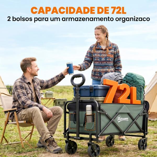 Carrinho de Transporte com Rodas Carrinho de Jardim Dobrável com Puxador Telescópico Ajustável Porta Traseira Expansível 114x46x65 - 92 cm Verde