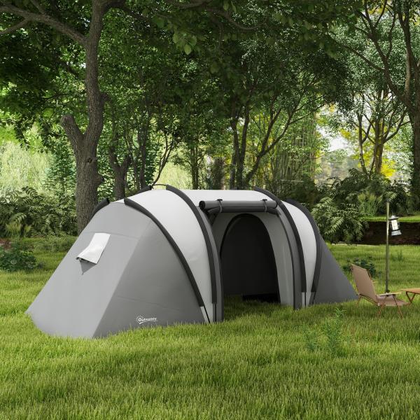 Tenda de Campismo Familiar para 4 - 5 Pessoas Impermeável 3000 mm com 2 Quartos Bolsa de Transporte e Gancho 450x220x180 cm Cinzento