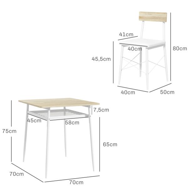 Conjunto de Refeição de 3 Peças Conjunto 1 Mesa 70x70x75 cm e 2 Cadeiras 40x50x80 cm com Prateleira de Armazenamento Branco e Madeira