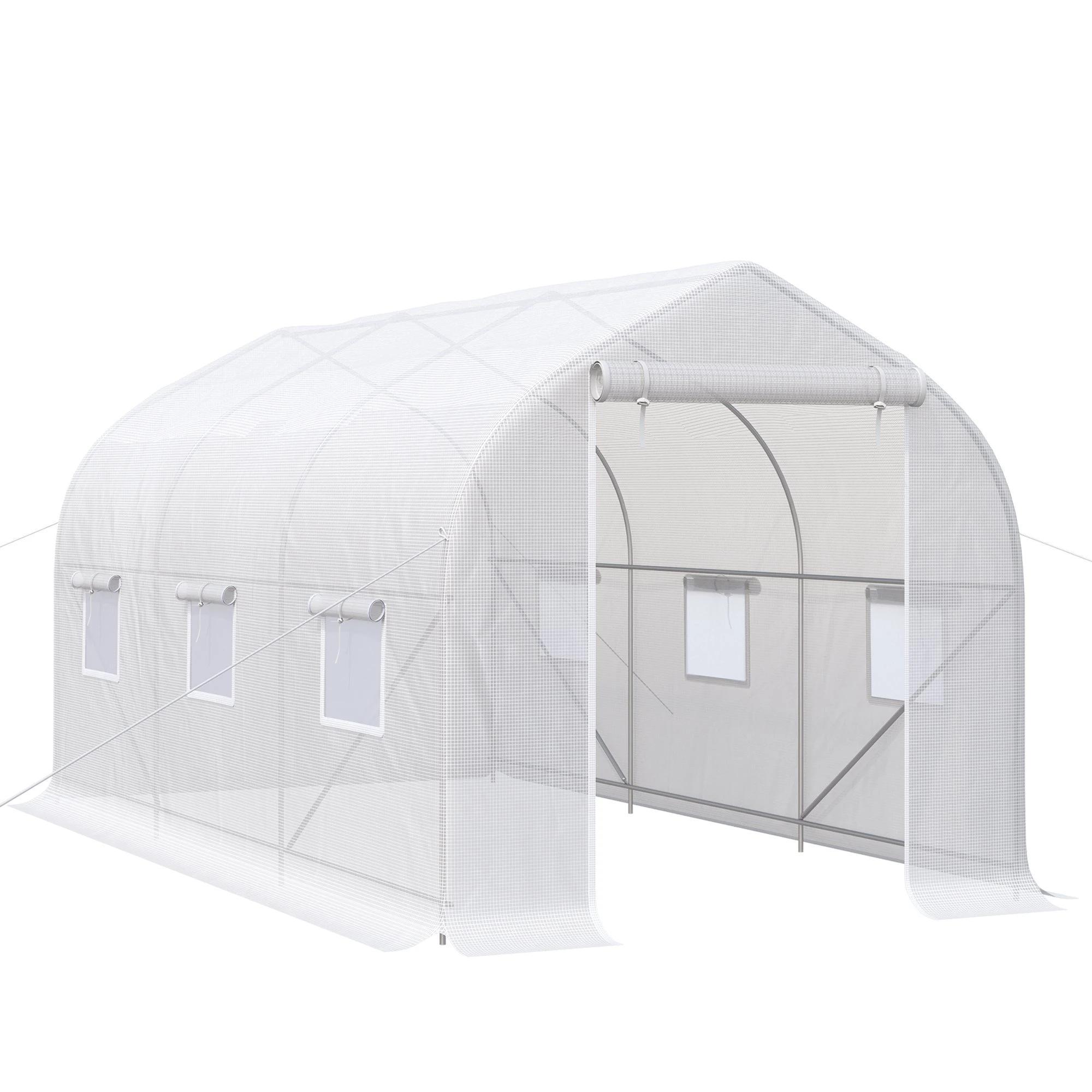 Estufa Tipo Túnel 400x200x200cm Estufa de Jardim com 6 Janelas Transpiráveis e Portas Enrolável com Zíper para Cultivo de Plantas e Verduras Branco