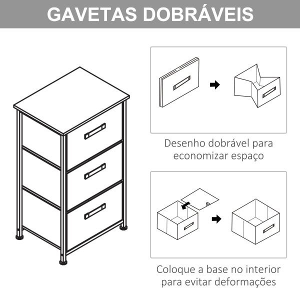 Mesa de Cabeceira com 3 Gavetas de Tecido para Dormitório Sala de Estar Corredor 45x30x71 cm Cinza e Branco