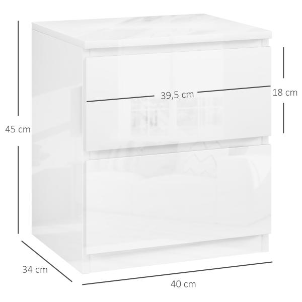 Mesa de Cabeceira Moderna Mesa de Cabeceira com 2 Gavetas Mesa de Cabeceira para Dormitório 40x34x45 cm Branco Brilhante