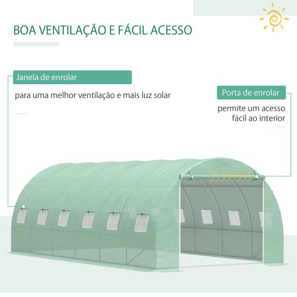 Estufa Tipo Túnel 600x300x200 cm com Porta 12 Janelas Cobertura de PE 140g/㎡ para Cultivo de Plantas e Verduras Verde
