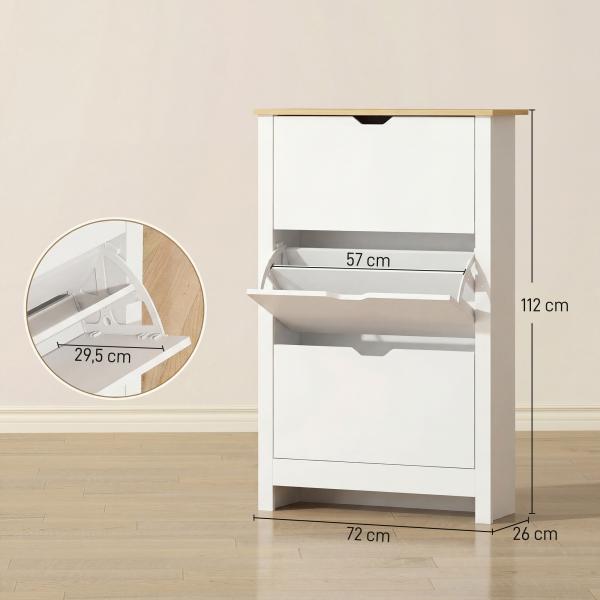 Sapateira Branca Estreita Armário Sapateiro Alto com 3 Gavetas para 18 Pares de Sapatos para Corredor 72x26x112 cm Branco