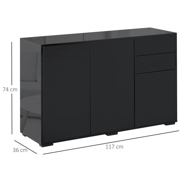 Aparador de Sala de Estar com 3 Portas 2 Gavetas e Prateleira Interior Ajustável Móvel Auxiliar de Armazenamento para Cozinha Dormitório Anti - Rolamento 117x36x74 cm Preto