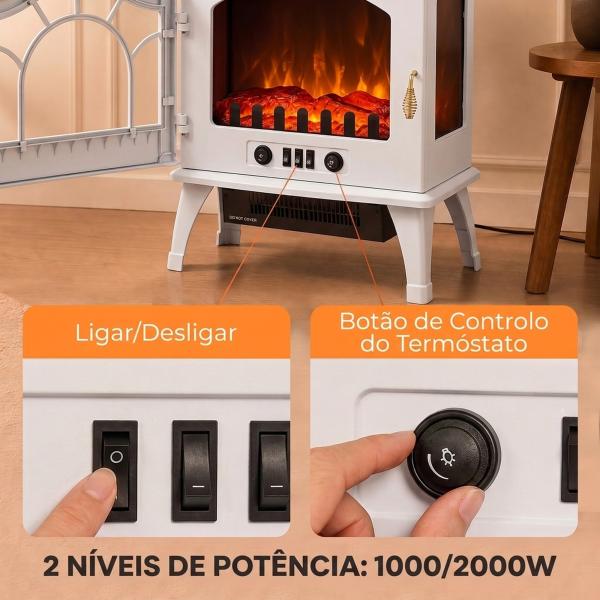Lareira Elétrica 1000W/2000W com Temperatura Ajustável e Proteção contra Sobreaquecimento 55x31x58 cm Branca