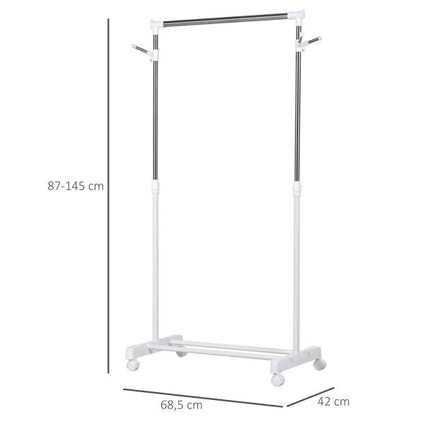 Charriot com Altura Ajustável Cabide com Rodas Portátil Prateleira Inferior Aço 68,5x42x87 - 145cm Branco e Prata