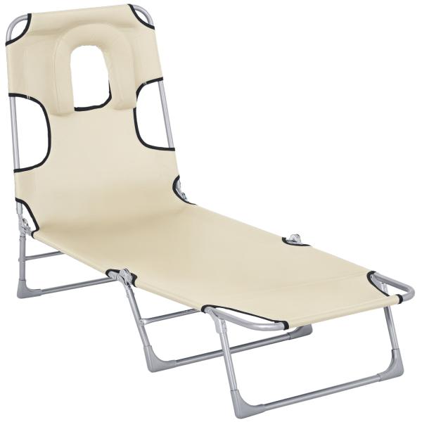 Espreguiçadeira de Jardim Reclinável e Dobrável com Orifício de Leitura Apoio para Cabeça e Encosto Ajustável em 4 Níveis para Praia 182x56x24,5 cm Bege