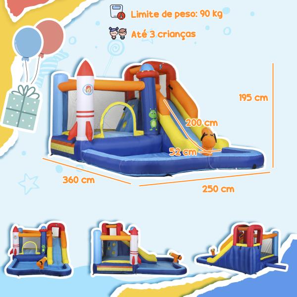 Castelo Insuflável com Insuflador 5 em 1 com Escorrega Piscina Parede de Escalada e Canhão de Água 360x250x195 cm Multicor