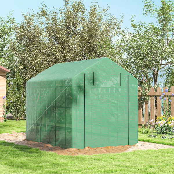 Estufa de Jardim Estufa de Exterior com Prateleiras de 4 Níveis Porta com Fecho de Correr e Estrutura de Aço 244x180x210 cm Verde