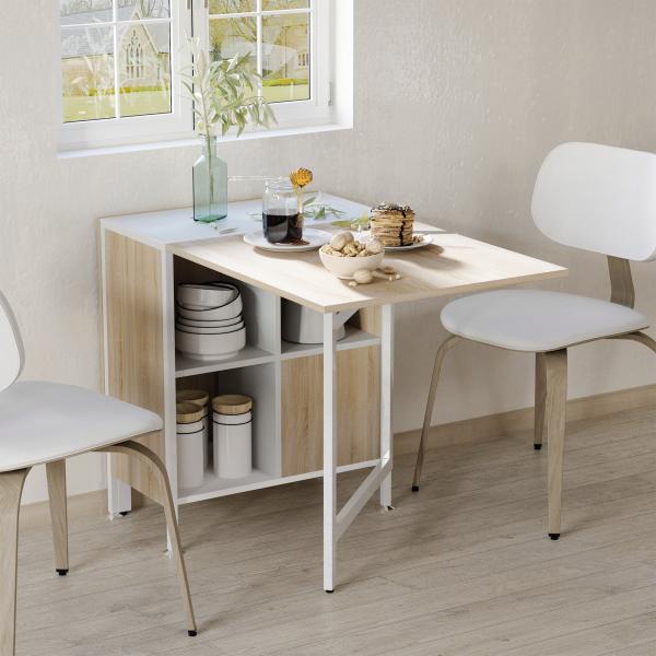 Mesa Dobrável de Arrumação 4 Prateleiras para Sala de Jantar Sala de Estar Mesa Auxiliar de Madeira 169x62x75 cm Carvalho e Branco