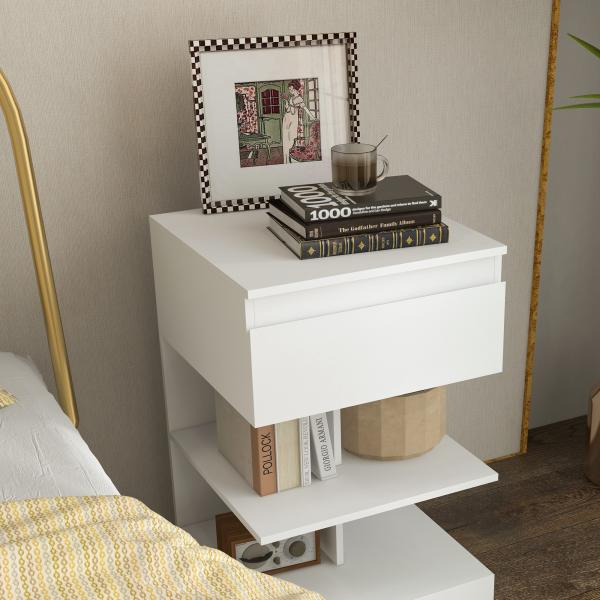 Mesa de Cabeceira Mesa Auxiliar com 1 Gaveta e 2 Prateleiras Abertas para Quarto Sala Estilo Moderno 39x39x65 cm Branco