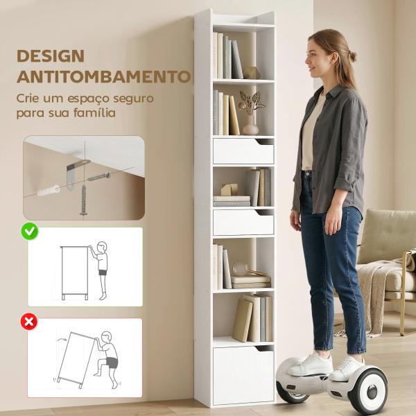 Estante para Livros com 2 Gavetas e Porta Estante Estreita com 6 Prateleiras Abertas 32x24x181,5 cm Branco