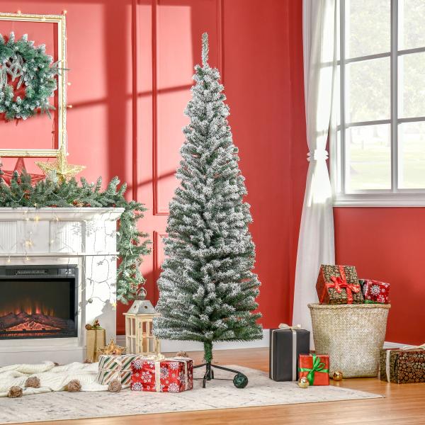 Árvore de Natal 180 cm Árvore de Natal Artificial Nevado com 492 Ramos e Suporte de Metal Verde e Branco