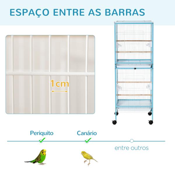 Gaiola para Pássaros com Rodas de 2 Níveis com Bandejas Removíveis Portas Comedouros Poleiros 51,5x50x140 cm Azul