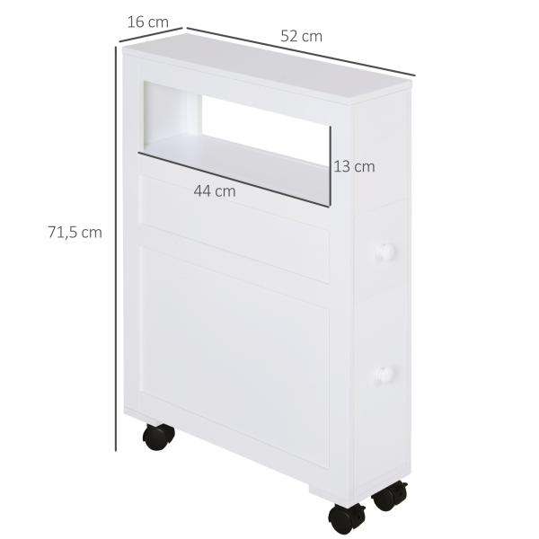 Armário Casa de Banho para Espaços Reduzidos com 4 Rodas Prateleira Aberta e Gavetas 16x52x71,5 cm Branco
