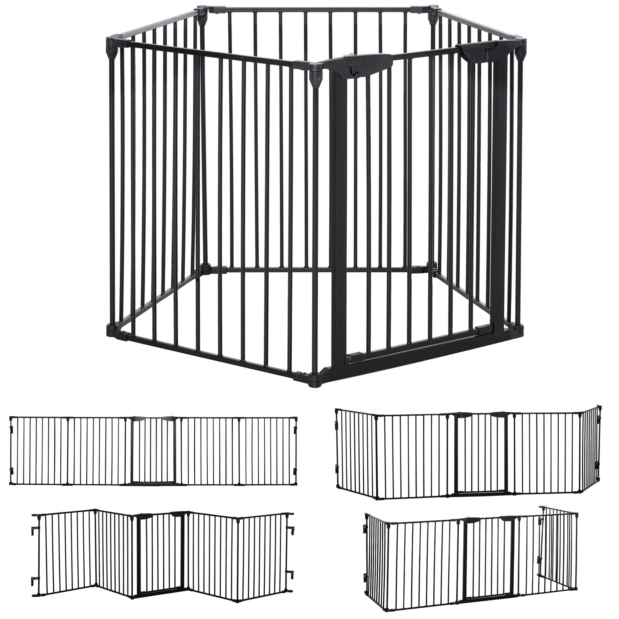 Barreira de Segurança para Animais de Estimação Barreira Dobrável de 5 Painéis com Fechadura Inteligente 300x74,5 cm Preto