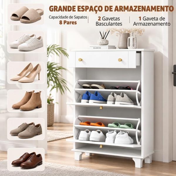 Sapateira Branca Móvel Sapateira Estreita com 2 Portas e 1 Gaveta para 8 Pares de Sapatos 60x23,5x98,5 cm Branco