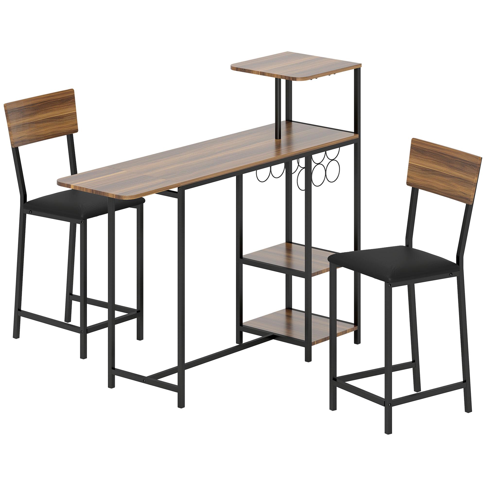 Conjunto de Mesa e Bancos de Bar Mesa Alta de Cozinha com 2 Bancos Laterais Rebatíveis Suporte para Vinhos e Prateleiras Castanho e Preto