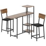 Conjunto de Mesa e Bancos de Bar Mesa Alta de Cozinha com 2 Bancos Laterais Rebatíveis Suporte para Vinhos e Prateleiras Castanho e Preto
