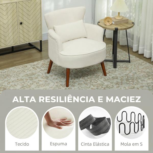 Poltrona Relax Individual em Bombazina com Almofada, Braços e Pés de Madeira para Quarto e Escritório, Creme