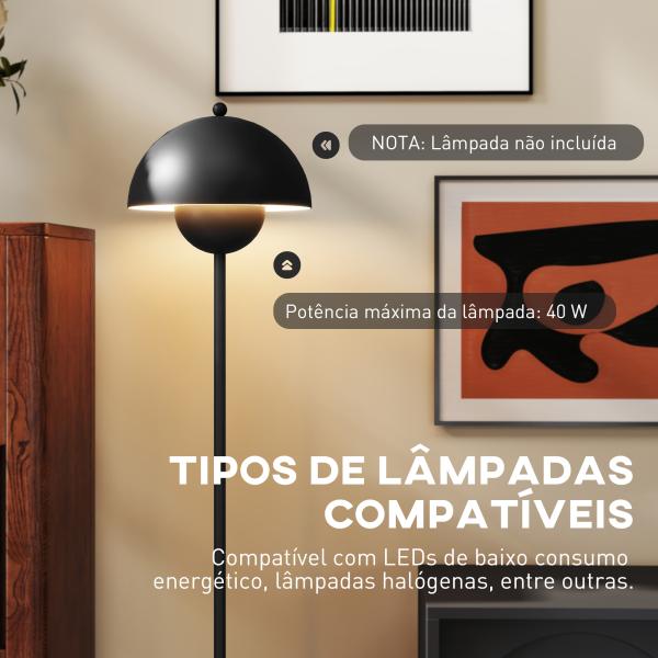 Candeeiro de Pé Moderno com Ecrã em Forma de Taça Refletora de Luz Interruptor de Pé Suporte E27 sem Lâmpada Ø35x155 cm Preto