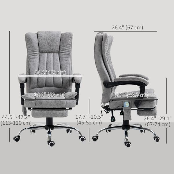 Cadeira de Escritório com 6 Pontos de Massagem Giratória Encosto Reclinável 135º Função de Aquecimento 62x67x113 - 120 cm Cinza