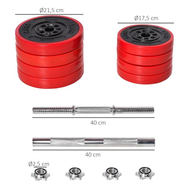 Conjunto de Halteres Ajustáveis HOMCOM 20 kg 2 em 1 — 8 Discos, 2 Barras e Extensor, Preto/Vermelho