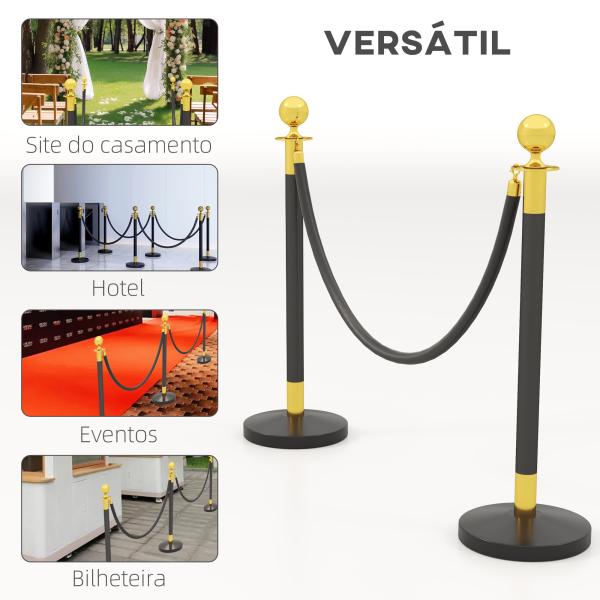 Postes Separadores de Aço Inoxidável de 2 Peças, 96 cm de Altura, Base Recheável, Corda de Veludo Preto