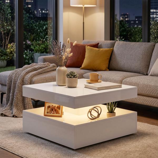 Mesa de Centro com LED RGB de 7 Cores com Armazenamento Aberto e Controlo Remoto 78x78x40 cm Branco