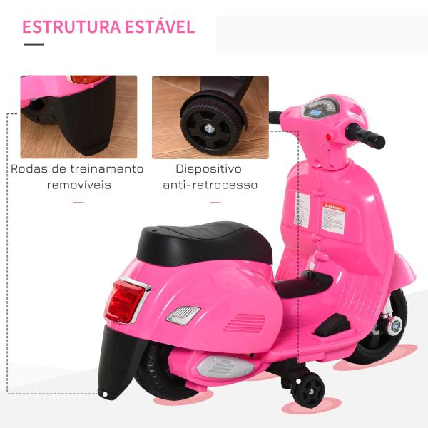 Mota Elétrica Infantil Vespa 6V com Farol, Buzina e Rodas Auxiliares para Crianças de 18 - 36 Meses Rosa 66,5x38x52 cm