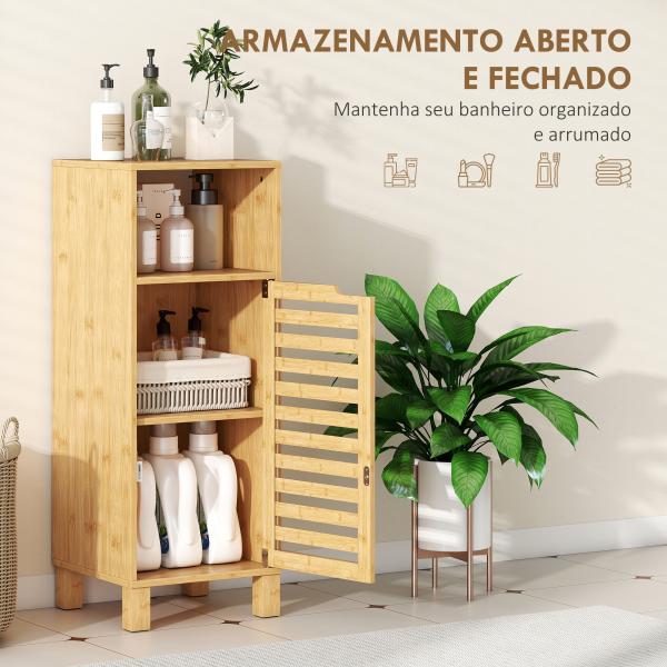 Armário de Casa de Banho Estreito Móvel Auxiliar de Casa de Banho com Porta de Ripas Prateleira Aberta 60x30x108 cm Madeira