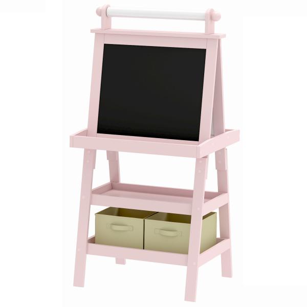 Cavalete de Pintura Infantil 3 em 1 Quadro Dupla Face com Rolo de Papel e Cestos de Arrumação Rosa