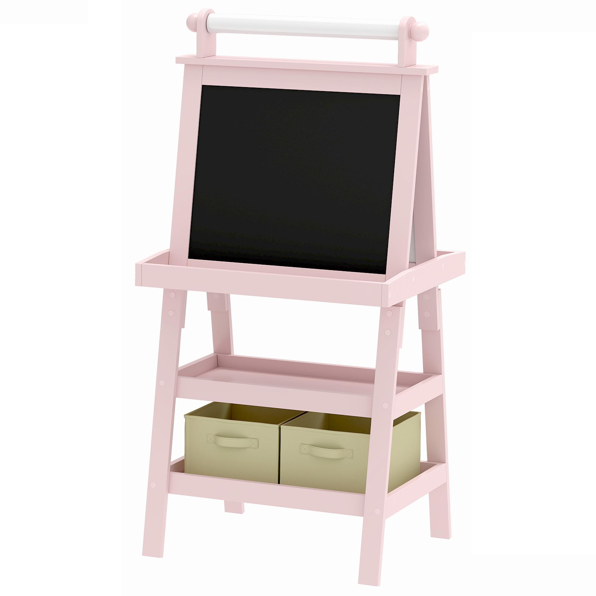 Cavalete de Pintura Infantil 3 em 1 Quadro Dupla Face com Rolo de Papel e Cestos de Arrumação Rosa