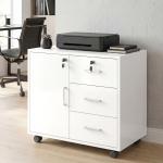Móvel para Impressora com Rodas, Mesa com Porta e 3 Gavetas, Fechaduras, Prateleira Ajustável, Branco