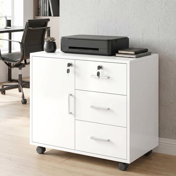 Móvel para Impressora com Rodas, Mesa com Porta e 3 Gavetas, Fechaduras, Prateleira Ajustável, Branco
