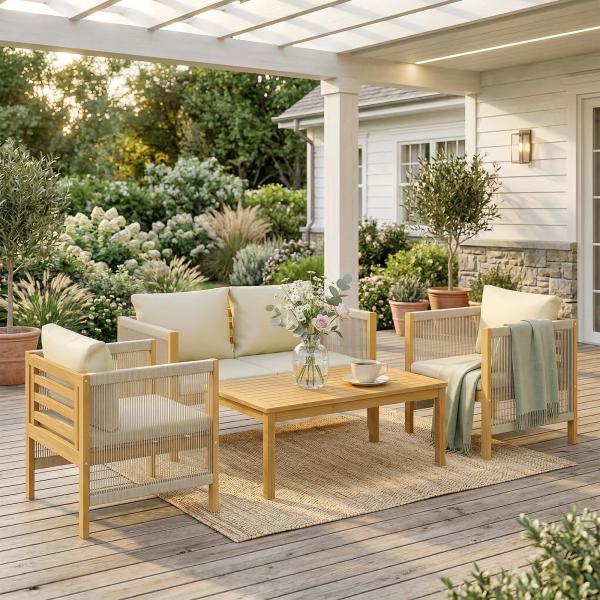 Conjunto de Móveis de Jardim de 4 Peças com Sofá de 2 Lugares 2 Poltronas Mesa de Madeira Almofadas e Corda de PP Madeira e Bege