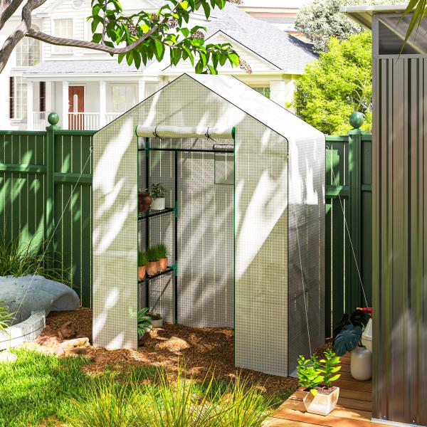 Estufa de Jardim com 1 Porta 2 Janelas e Prateleiras de 2 Níveis em Forma de U para Cultivo de Plantas 140x73x190 cm Branco