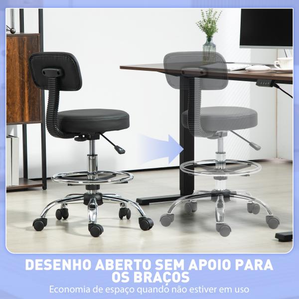 Banco Giratório com Rodas e Encosto Apoio para Pés Altura Ajustável Estofado em Couro Sintético 52x52x78 - 92 cm Preto
