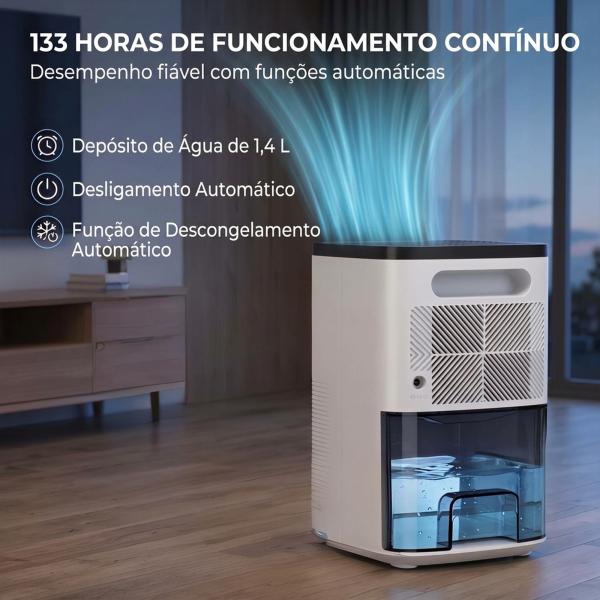 Desumidificador 0,3 L/dia para 15 m², Depósito de 1,4 L, Luz RGB, Temporizador 24 h, Ecrã LED, Branco