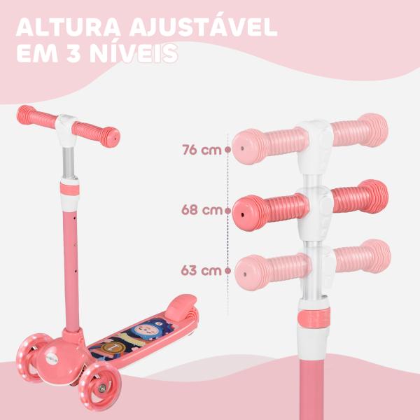 Trotinete para Crianças Trotinete com 3 Rodas LED Altura Ajustável Carga 25 kg 52x29x63 - 76 cm Rosa