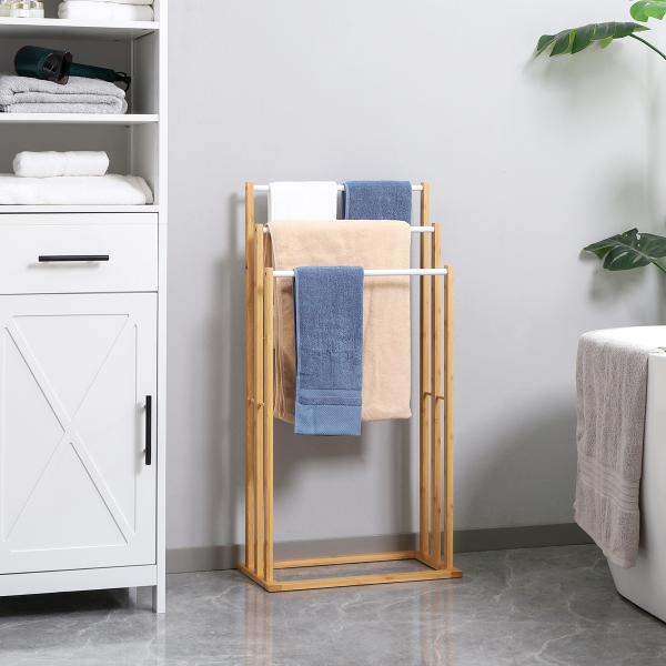Toalheiro de Pé de Bambu com 3 Barras Toalheiro Independente de 3 Níveis para Casa de Banho 48x25,8x94cm Madeira