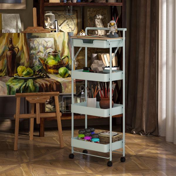 Carrinho Auxiliar com Rodas de 4 Níveis Carrinho de Cozinha com 1 Gaveta e 3 Cestos Carrinho Organizador 45x29,5x117,5 cm Verde