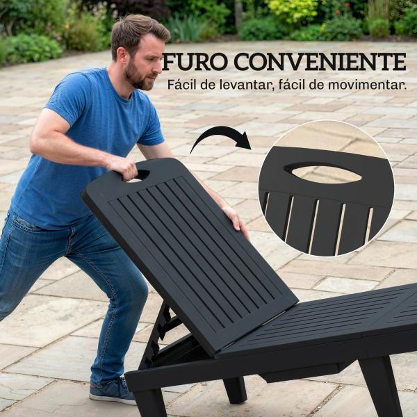 Conjunto de 2 Espreguiçadeiras Reclináveis em Plástico PP com Bandeja Lateral e Encosto Ajustável 5 Níveis 192x57x28,5 cm Preto