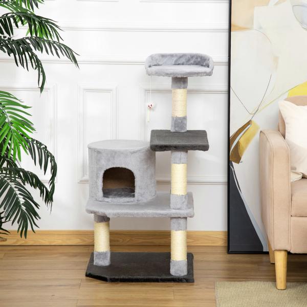 Árvore para gatos Arranhador Grande com Plataformas para Brincar coberta de Pelucía Cinza 48x48x100 cm